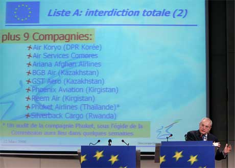 EUs transportkommissær Jacques Barrot la fram lista i Brussel i dag. (Foto: Thierry Roge/Reuters/Scanpix)