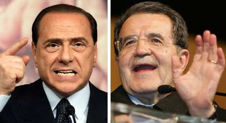 Frontene er steile. Italias statsminister Silvio Berlusconi og rivalen Romano Prodi.(Fotomontasje NRK)