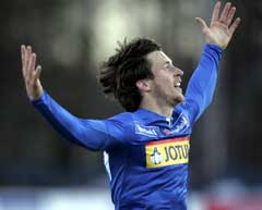 Sandefjords Andreas Tegstrøm jubler etter å ha scoret mot Ham-Kam. (Foto: Heiko Junge / SCANPIX) Sandefjords Andreas Tegstrøm jubler etter å ha scoret mot Ham-Kam. (Foto: Heiko Junge / SCANPIX)