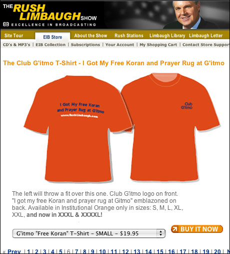 Rush Limbaughs radio-talkshow er USAs mest populære, med opp mot 20 millioner lyttere hver uke. Han står bak disse t-skjortene, der det påpekes at Guantanamo-fangene får en rekke frynsegoder.