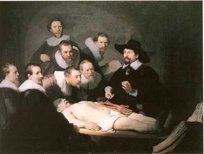 "Dr. NicolaasTulps anatomiforelesning" (169,5 x 216,5 cm) malt av Rembrandt i 1632. Foto Mauritshuis Den Haag.