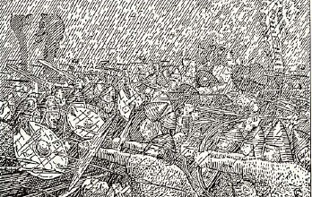 Haglvêret under slaget i Hjørungavåg. Frå den illustrerte Snorre-utgåva. Teikning: Halfdan Egedius