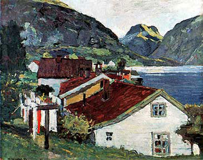Johannes Vinjum: Fra Aurland (1950) Blomquist Kunsthandel.