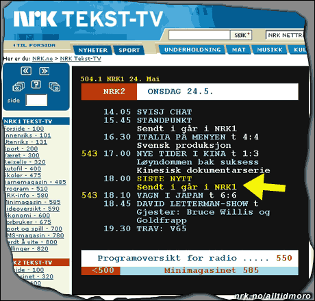 I følge NRK tekst-tv er nyhetssendingene på NRK2 repriser fra dagen før. (Innsendt av Steinar) I følge NRK tekst-tv er nyhetssendingene på NRK2 repriser fra dagen før. (Innsendt av Steinar)