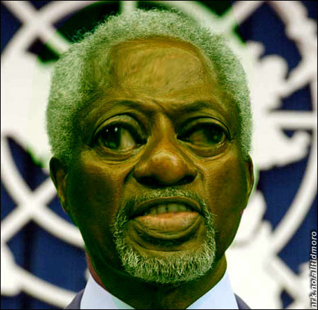Alle romvesener med respekt for seg selv ønsker å overta makten på Jorden. Her er en som lyktes: "Kofi Annan", som riktignok irriterer seg grønn over alt byråkratiet sjefsjobben medfører. (Innsendt av Harald Nordbø) Alle romvesener med respekt for seg selv ønsker å overta makten på Jorden. Her er en som lyktes: "Kofi Annan", som riktignok irriterer seg grønn over alt byråkratiet sjefsjobben medfører. (Innsendt av Harald Nordbø)
