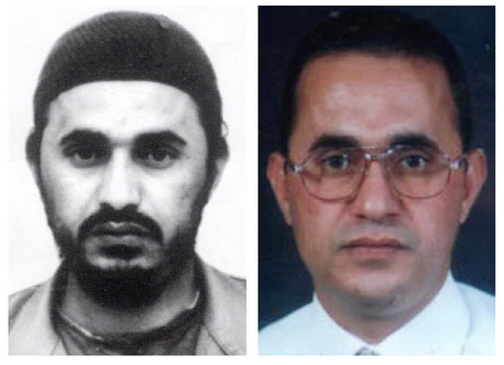 Hvordan al-Zarqawi egentlig ser ut, har vært uvisst. Til venstre et bilde av ukjent dato, til høyre ett fra 2002, frigitta av amerikanske myndigheter (Scanpix/AP)