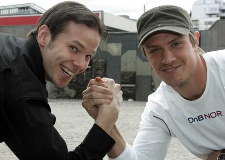 Konkurrenter og venner, Andreas Thorkildsen (th) og finnen Tero Pitkämäki. (Foto: Cornelius Poppe / SCANPIX)