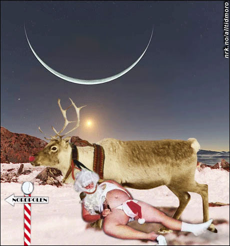 Og som vanlig ble det Rudolf som fikk den tunge jobben med å slepe julenissen hjem etter endt feiring. (Innsendt av Mikkel Stølen) 