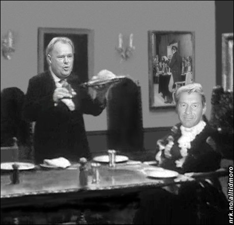 Under den avsluttende middagen på Stortinget i går underholdt Per Sandberg og Thorbjørn Jagland med sin framføring av "Grevinnen og hovmesteren"-sketsjen. (Alltid Moro)