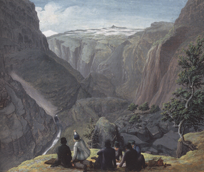Mlaren Johannes Flintoe gjekk gjennom Aurlandsdalen i 1819, og mla etter turen dette biletet, som er kalla Bjnnestigvarden