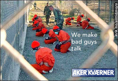 Aker Kværner spiller på sitt engasjement på Guantanamo-basen i sin nye reklamekampanje. (Innsendt av Skoganvarre)