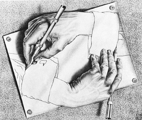 Et par hender som strekker seg ut av papiret og tegner seg selv er et av de mest kjente bildene til grafikeren Maurits C. Escher. Hans blanding av kunst og optiske illusjoner gjorde ham verdenskjent. Foto: Scanpix