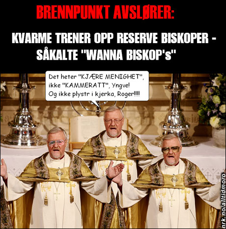 Yngve Hågensen og Roger Whittaker trenes opp til å fungere som stand-in for biskop Kvarme. (Innsendt av Roar Kleven)