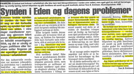 Et forbud mot kvinner i arbeidslivet ville løst klimaproblemene over natten, i følge dette leserinnlegget. (Se stor versjon ved å klikke på lenken under) Et forbud mot kvinner i arbeidslivet ville løst klimaproblemene over natten, i følge dette leserinnlegget. (Se stor versjon ved å klikke på lenken under)