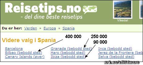 Vi setter pris på at Reisetips.no tar seg tid til å opplyse om at storbyer som Bilbao (400.000 innbyggere) og Granada (250.000) er BEBODDE STEDER. Vi setter pris på at Reisetips.no tar seg tid til å opplyse om at storbyer som Bilbao (400.000 innbyggere) og Granada (250.000) er BEBODDE STEDER.